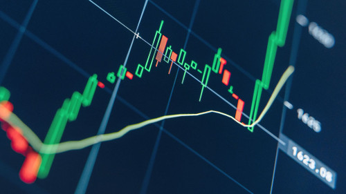 Crypto chart with green candlesticks going up indicating crypto rising in value on blue display