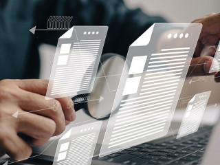 Man inspects paper with magnifying lens. Business analysis, audi