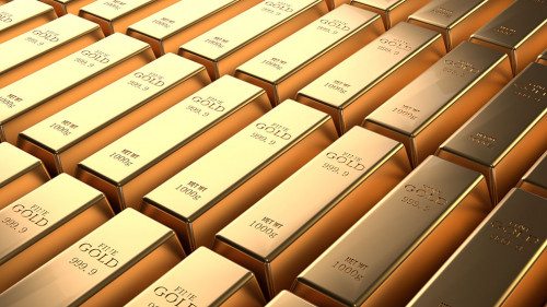 Closeup shiny gold bar arrangement in a row. Busienss Gold future and financial concept. 3D illustration rendering. World economics and currency exchange. Money trade and safe haven marketplace