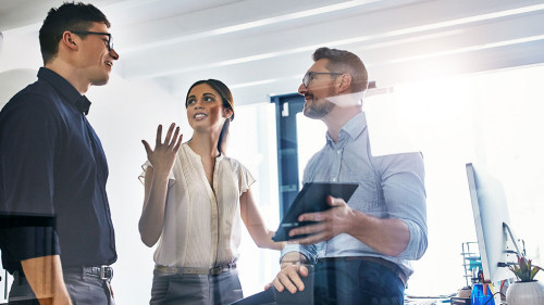 Tablet, business people communication and mentor coaching onboarding staff on stock market crypto investment. Forex account management, finance economy data and trader teamwork on bitcoin NFT trading