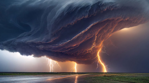 dramatic and powerful tornado. Lightning thunderstorm flash over