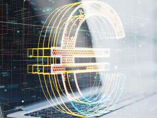 Close up of laptop with creative glowing golden tech euro icon hologram on blurry background. Crypto currency and technology concept. Double exposure.