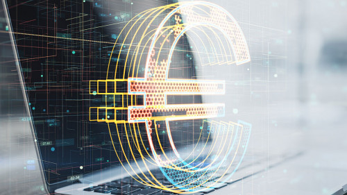 Close up of laptop with creative glowing golden tech euro icon hologram on blurry background. Crypto currency and technology concept. Double exposure.