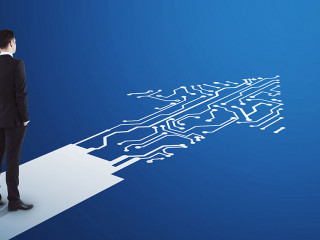 Businessman standing on abstract circuit arrow sketch on blue background with mock up place. Success and digital transformation concept.