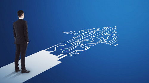 Businessman standing on abstract circuit arrow sketch on blue background with mock up place. Success and digital transformation concept.