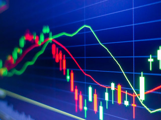 Blue stock exchange market graph on LED screen for business anal