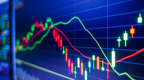 Blue stock exchange market graph on LED screen for business anal