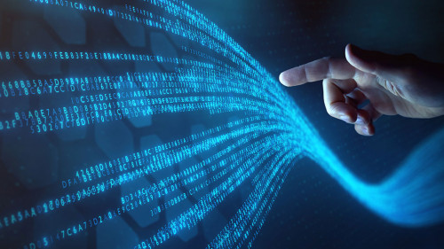 Big data technology and data science with person touching data f