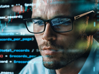Close-up Portrait of Software Engineer Working on Computer, Line
