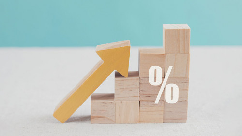 Wooden blocks with big percentage sign and arrow up, financial g