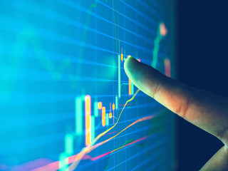 Closeup hand pointing finger on blue color monitor to analyze st