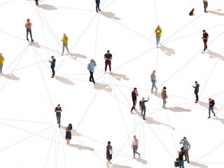 Aerial view of crowd people connected by lines, social media and communication concept