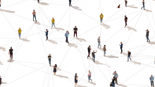 Aerial view of crowd people connected by lines, social media and communication concept