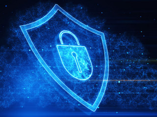 Safety protection and information privacy concept with digital padlock in shield on abstract dark background with technological virtual fog and space for advertising text. 3D rendering, mock up