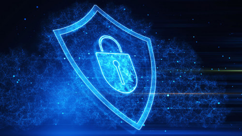 Safety protection and information privacy concept with digital padlock in shield on abstract dark background with technological virtual fog and space for advertising text. 3D rendering, mock up