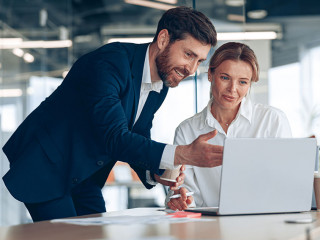 Mature female boss discussing online project with employee