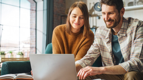 Doing Accounting at Home: Happy Couple Using Laptop Computer, Si