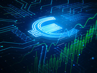Old money, cash and exchange and finance concept with perspective view on glowing blue euro symbol on dark background in form of microcircuit and financial chart candlestick. 3D rendering