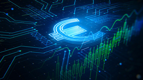 Old money, cash and exchange and finance concept with perspective view on glowing blue euro symbol on dark background in form of microcircuit and financial chart candlestick. 3D rendering