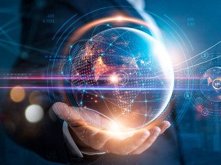 Businessman hold global business globe with network connected to