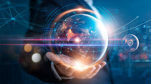 Businessman hold global business globe with network connected to