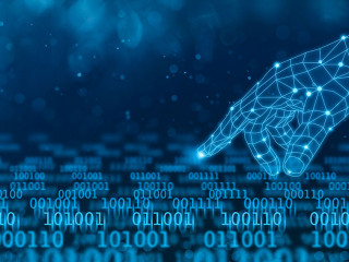 Digital hand touching binary data flow technology concept