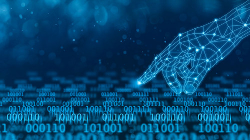 Digital hand touching binary data flow technology concept