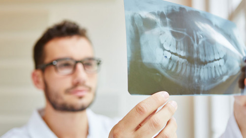 Zahnarzt analysiert Gebiss Befund