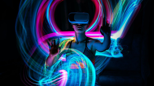 Metaverse digital Avatar, Metaverse Presence, digital technology, cyber world, virtual reality, futuristic lifestyle. Woman in VR glasses playing AR augmented reality NFT game with neon blur lines
