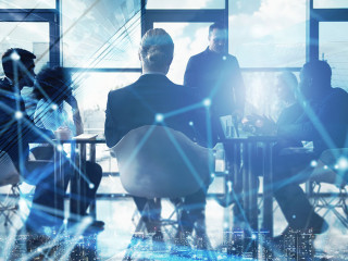 Network background concept with business people silhouette working in the office. Double exposure and network effects