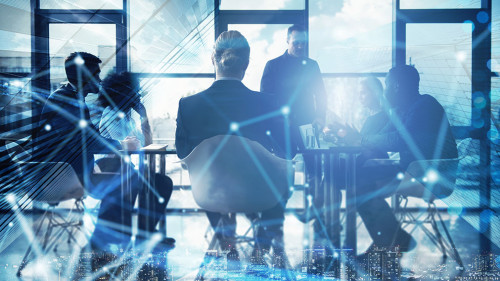 Network background concept with business people silhouette working in the office. Double exposure and network effects