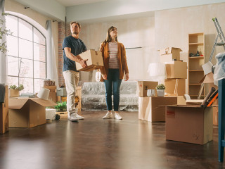 Family New Home Moving in: Happy and Excited Young Couple Enter