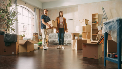 Family New Home Moving in: Happy and Excited Young Couple Enter