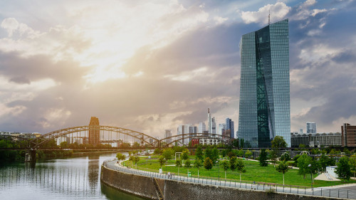 Europäische Zentralbank mit Frankfurter Skyline im Hintergrund