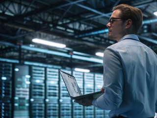 Data Center Male It Specialist Using Laptop while Working on Com