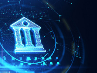 Glowing blue digital bank icon on blue backdrop with mock up place. Online banking and transaction concept. 3D Rendering.