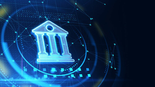 Glowing blue digital bank icon on blue backdrop with mock up place. Online banking and transaction concept. 3D Rendering.