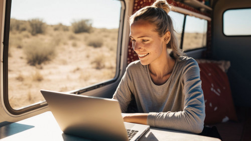 Digital Nomad Woman Using Laptop Inside Her Camper Van, Happy Developing Her Passion on a Sunny Day. Concept of Digital Nomads and Entrepreneurial Women