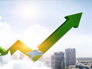 Green arrow showing up . Mixed media