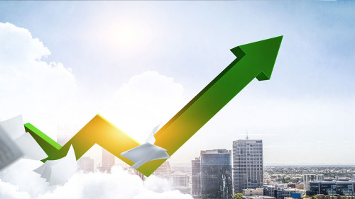 Green arrow showing up . Mixed media