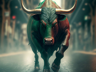 bull market, a green bull powerfully runs through a narrow stree