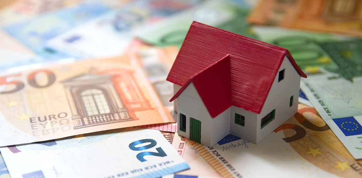 A miniature of a family house on euro banknotes represents the c
