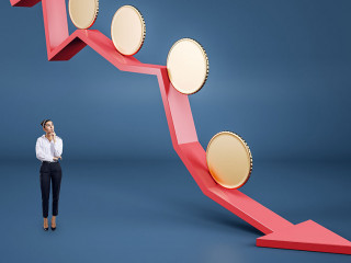 Attractive thoughtful young businesswoman with abstract falling red arrow with empty golden coins on blue background with mock up place. Crisis, downfall and currency concept.