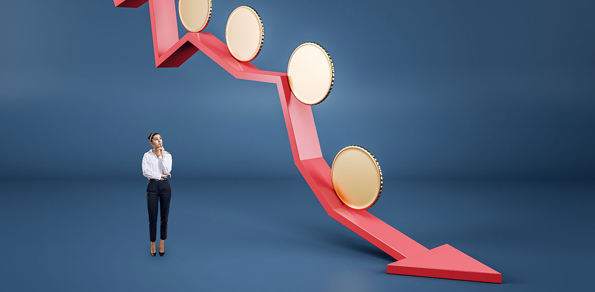 Attractive thoughtful young businesswoman with abstract falling red arrow with empty golden coins on blue background with mock up place. Crisis, downfall and currency concept.