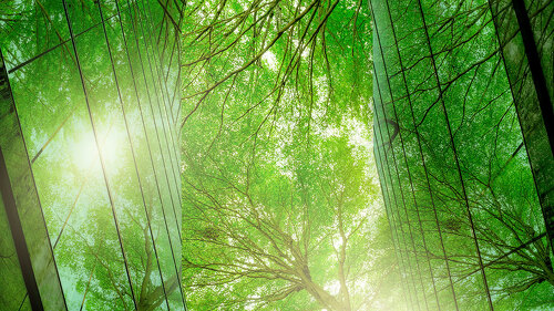 Sustainble green building. Eco-friendly building. Sustainable gl