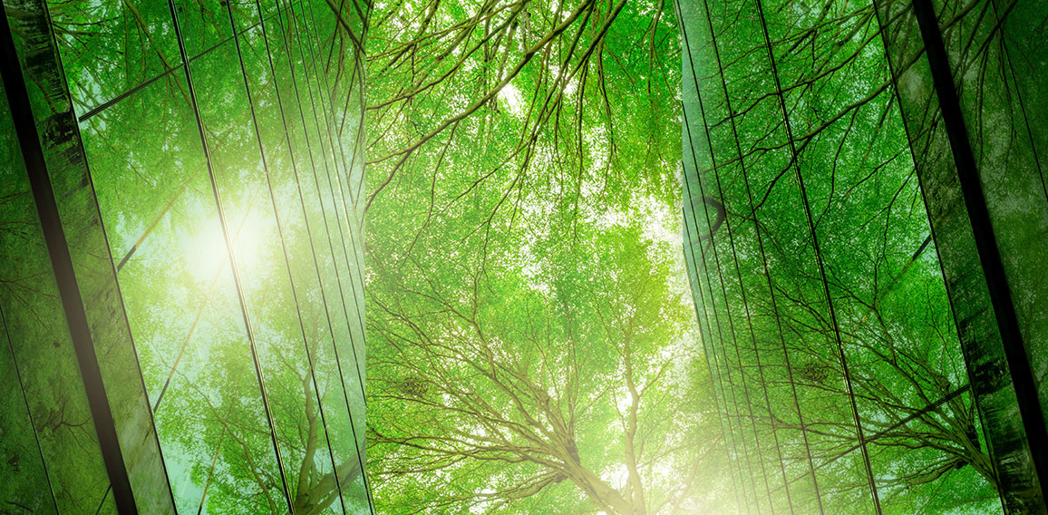 Sustainble green building. Eco-friendly building. Sustainable gl