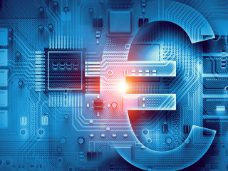 Circuit board blue background . Mixed media