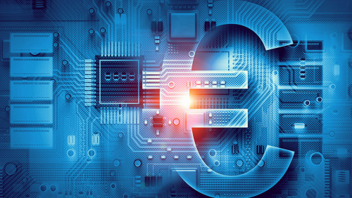 Circuit board blue background . Mixed media