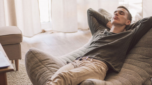 Handsome teenage guy relaxing on modern soft couch at home in li