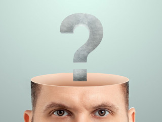 the male head is open instead of the brain with question marks. Creative background, concept of problem solving, searching for an answer, task, thinking.
